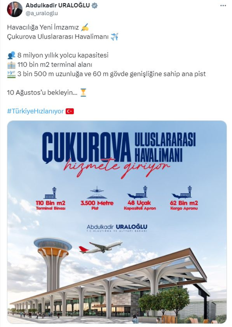 Çukurova Uluslararası Havalimanı açıldı mı? Bakan Uraloğlu açıkladı - Bursa Hayat Gazetesi-2