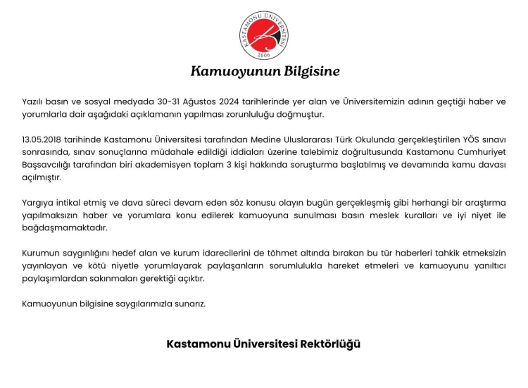 Kastamonu Üniversitesi'nden YÖS Sınavı ile ilgili açıklama Bursa Hayat Gazetesi -2