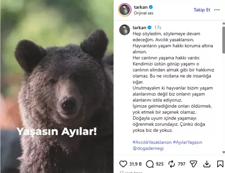 Tarkan’dan hayvan hakları mesajı: Avcılık yasaklansın!-Bursa Hayat-2