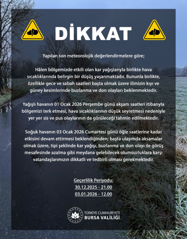 Bursa’da soğuk hava alarmı: Valilik’ten kar ve don tehlikesi uyarısı!-Bursa Hayat-2