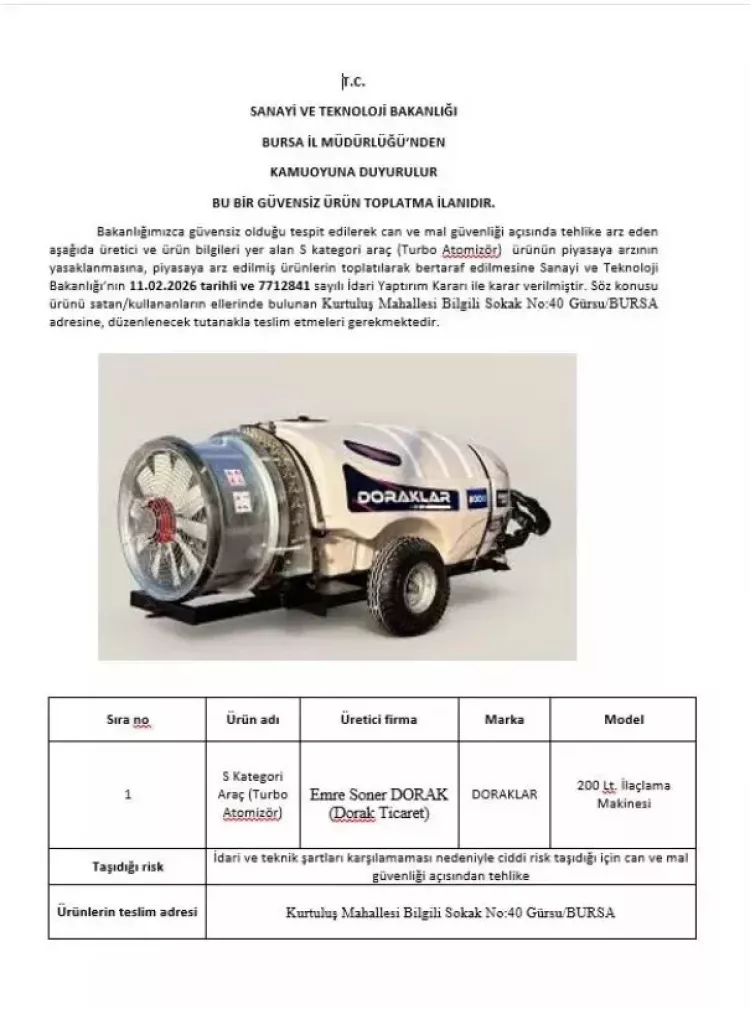 Bursa menşeli turbo atomizörlere Bakanlık’tan acil toplatma kararı!-Bursa Hayat-2